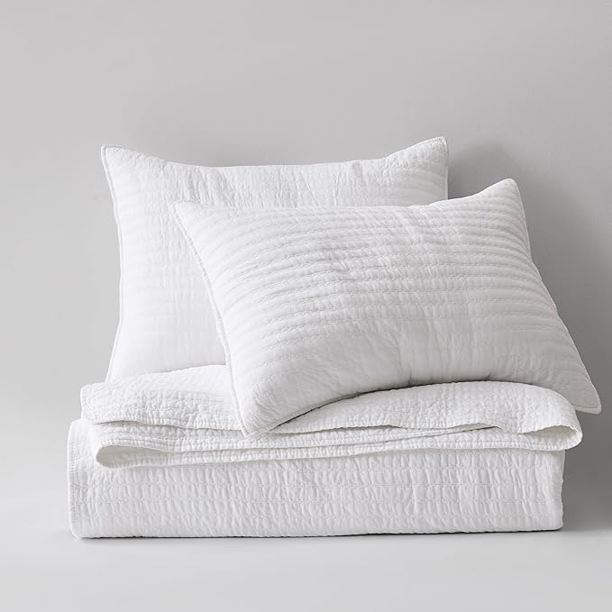 WDCOZY 100% Cotton Queen Size Quilt Set - White Striped Pick Stitch Soft Lightweight Bedspread, Textured Like Linen, Farmhouse Country Rustic Coverlet, Shabby Chic Gauze Bedding, 3 Pieces
