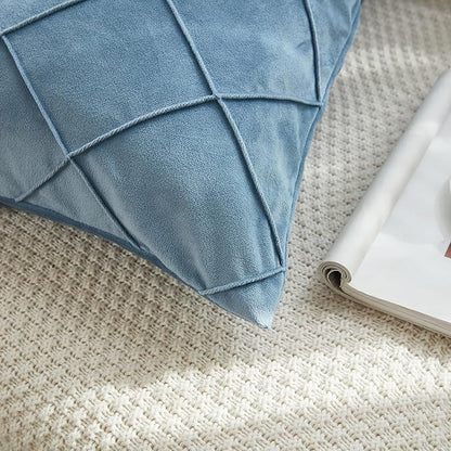 JAUXIO Diamond Pinch Pleated Crystal Velvet Pillowcases 2 Pack Solid Pintuck Throw Cushion Cover for Home Decor Hidden Zipper Closure (Dusty Blue, King)