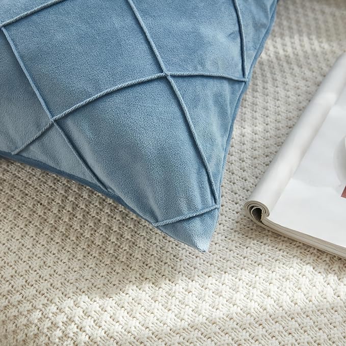 JAUXIO Diamond Pinch Pleated Crystal Velvet Pillowcases 2 Pack Solid Pintuck Throw Cushion Cover for Home Decor Hidden Zipper Closure (Dusty Blue, Standard)