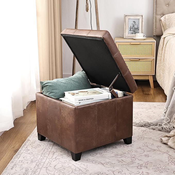 Adeco Faux Leather Storage Ottoman with Hinged Lid, 16 Inch High Vitage Brown Square Cube Foot Stool with Storage, Upholstered Vanity Stool with Solid Wood Legs for Living Room, Bedroom