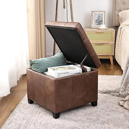 Adeco Faux Leather Storage Ottoman with Hinged Lid, 16 Inch High Vitage Brown Square Cube Foot Stool with Storage, Upholstered Vanity Stool with Solid Wood Legs for Living Room, Bedroom