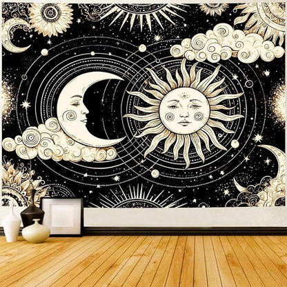Delur Sun and Moon Tapestry Black Dark Boho Spiritual Burning Sun Tapestry Wall Hanging Mystic Aesthetic Cloud Abstract Star Psychedelic Headboard for Bedroom Living Room Home Decor (51.2" x 59.1")