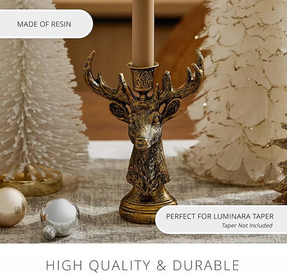 Luminara - Taper Candle Holder - Reindeer - Brass - 5.5" x 8" Classic Stag Head Design Compatible with Luminara Flickering Flameless LED Taper Candles