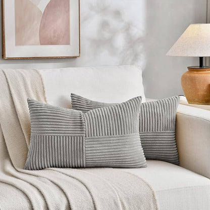 Fancy Homi 2 Packs Grey Lumbar Decorative Throw Pillow Covers 16x28 Inch for Living Room Couch Bed Sofa, Rustic Farmhouse Boho Home Decor, Soft Striped Corduroy Rectangle Accent Cushion Case 40x70 cm