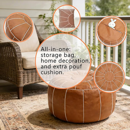 Thgonwid Unstuffed Moroccan Storage Pouf Foot Stool Ottoman Seat Handmade Faux Leather Bean Bag Floor Chair Foot Rest for Living Room, Bedroom or Balcony (Brown)