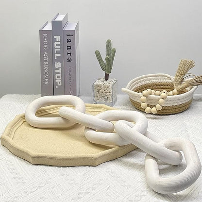 Wood Chain Link Decor | Hand Boho Carved Decor for Table , Shelf Decor Accents Rustic Farmhouse Aesthetic 5 Link Chain knot Decor Home Living Room, Bedroom, Entryway Coffee Table Decor (White)