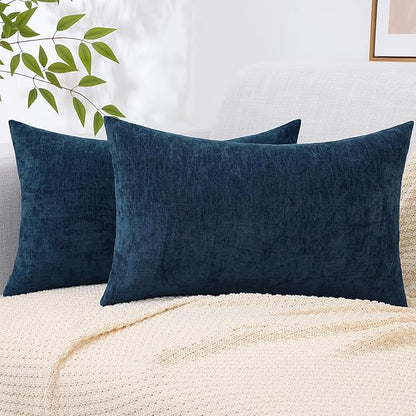 decorUhome Chenille Navy Blue Spring Throw Pillow Covers 12x20 Inch Set of 2, Decorative Soft Couch Pillow Covers Solid Dyed Accent Farmhouse Neutral Rectangle Pillow Cases for Sofa