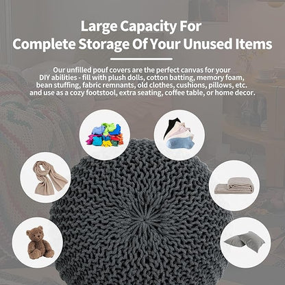 HOMBYS Unstuffed Ottoman Pouf Cover, 100% Cotton Handmade Knitted Ottoman Pouf Cover Round Foot Stool, Floor Bean Bag Chair, Foot Rest with Storage for Living Room Bedroom, Grey(Cover ONLY NO Filler)
