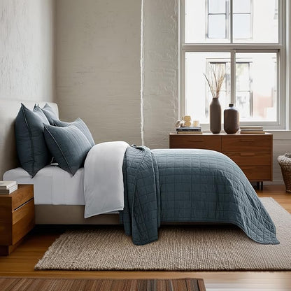 EVERGRACEHOME 100% Cotton Box Stitch Quilt Bedding Set Queen Size 3 Pieces, Garment-Washed Lightweight Soft Cozy Coverlet, Quilted Bedspread Sets with 2 Shams for All Season, Midnight Blue