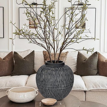9" Large Ceramic Vase with Wide Mouth, Rustic Vase for Entryway, Living Room & Abundant Blooms Decor, Big & Round Design, Chunky & Dark Gray
