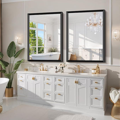 Black Bathroom Mirror 36 x 48 Inch Rectangle Wave Beveled Frame for Wall Bathroom Vanity Mirror for Over Sink, Tempered Glass,for Entryway Hangs, Bathroom Living Room Horizontal or Vertical