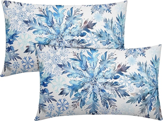 Christmas Pillow Covers 12x20 Set of 2 Decorations Blue White Snowflakes Throw Pillow Covers Decorative Vintage Winter Pillow Case Farmhouse Rustic Pillowcases Cozy Soft for Sofa Bed Chair Home Decor