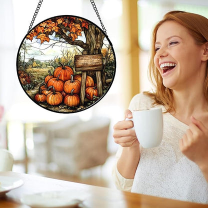 DASTOLL Stained Glass Window Hanging Fall Farm Scenery Maple Trees Pumpkin 6.3" - Suncatcher Door Garden Kitchen Sun Catcher Autumn Decor Birthday for Mom Nana Men Woman Friend
