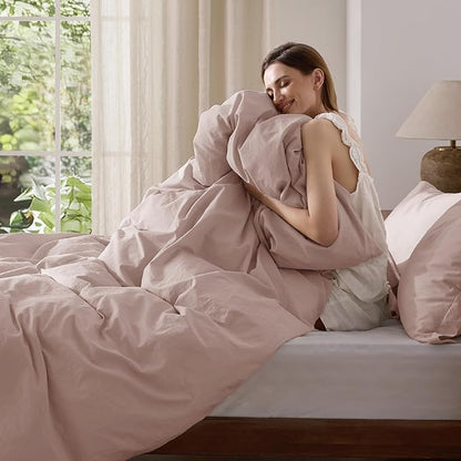 Bedsure 100% Washed Cotton Duvet Cover King Size - Petal Pink Minimalist Cotton Duvet Cover Linen Like for All Seasons - GentleSoft™ Plain Simple Bedding (Petal Pink, King, 104"x90")