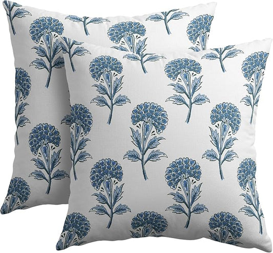 Blue Floral Pillow Covers 20x20 Set of 2 Blue and White Block Print Pattern Rustic Spring Flower Decorative Outdoor Farmhouse Pillowcases Decorations Throw Cushion Cover Decor for Couch Sofa Bed