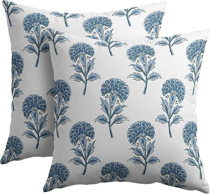 Blue Floral Pillow Covers 16x16 Set of 2 Blue and White Block Print Pattern Rustic Spring Flower Decorative Outdoor Farmhouse Pillowcases Decorations Throw Cushion Cover Decor for Couch Sofa Bed