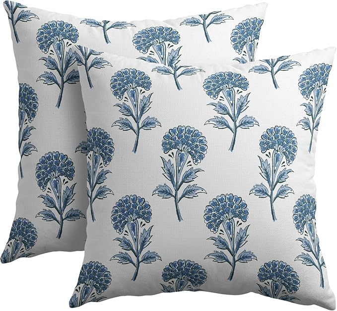 Blue Floral Pillow Covers 22x22 Set of 2 Blue and White Block Print Pattern Rustic Spring Flower Decorative Outdoor Farmhouse Pillowcases Decorations Throw Cushion Cover Decor for Couch Sofa Bed