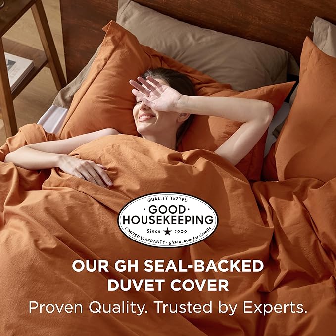 Bedsure 100% Washed Cotton Duvet Cover King Size - Burnt Orange Minimalist Cotton Duvet Cover Linen Like for All Seasons - GentleSoft™ Plain Simple Bedding (Burnt Orange, King, 104"x90")
