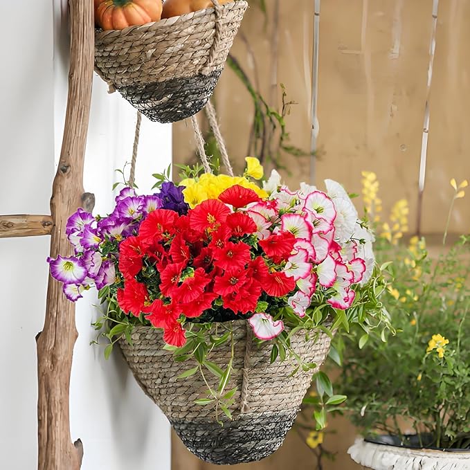 Artificial Silk Flowers for Outdoor Decoration,12 Bundles Faux Flowers Colorful Morning Glory with Eucalyptus Fake Plants Greenery UV Resistant for Outside Front Door Planter Porch Patio Yard