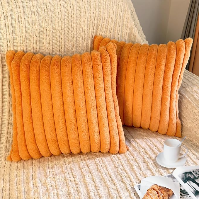 2 Pack 18x18 Pillow Cover Velvet Pillow Covers, Faux Fur Square Throw Pillow Covers for Living Room Decorations Throw Pillow Case, Throw Pillow Cover Cushion Cover for Sofa Bedroom Car, Orange