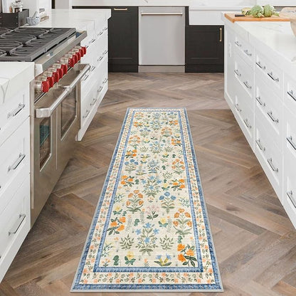Boho Floral Machine Washable Runner Rug 2x6, Garden Yellow-Green Kitchen Runner Rug Non-Slip, Super Thin Hallway Rug Runner Printed Faux Wool Soft Carpet for Entryway Bedroom Laundry Indoor