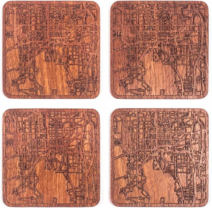 Tampa Map Coaster by O3 Design Studio, Set of 4, Sapele Wooden Coaster with city map, Multiple city optional, Handmade