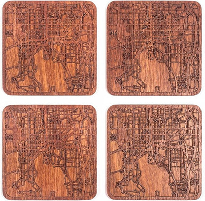 Tampa Map Coaster by O3 Design Studio, Set of 4, Sapele Wooden Coaster with city map, Multiple city optional, Handmade