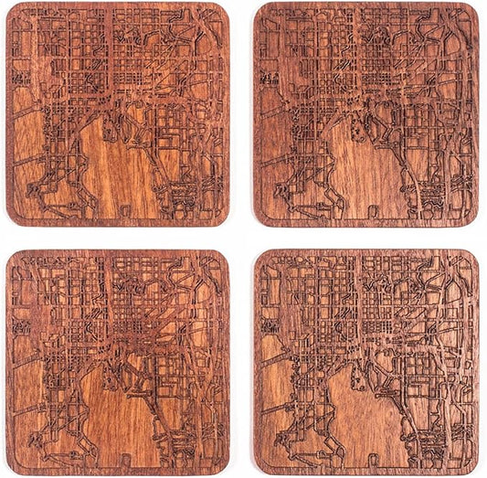 Tampa Map Coaster by O3 Design Studio, Set of 4, Sapele Wooden Coaster with city map, Multiple city optional, Handmade