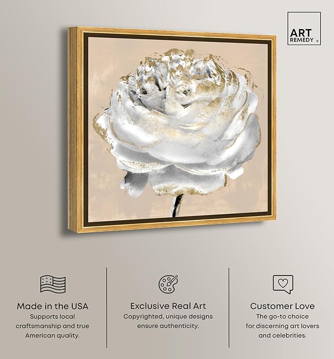 Art Remedy Beige Ranunculus Canvas Elegant White Gold Wall Art, Gold Frame, 16" x 16"