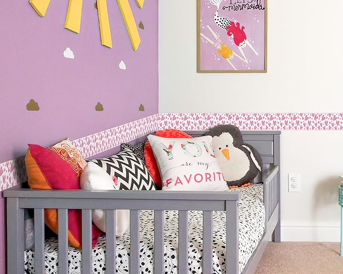 FLFK Pink Heart Wallpaper Border - Peel and Stick Wall Paper, Self Adhesive Removable PVC Borders Sticker, Modern Waterproof Trim for Home Decor, 5" x 240"