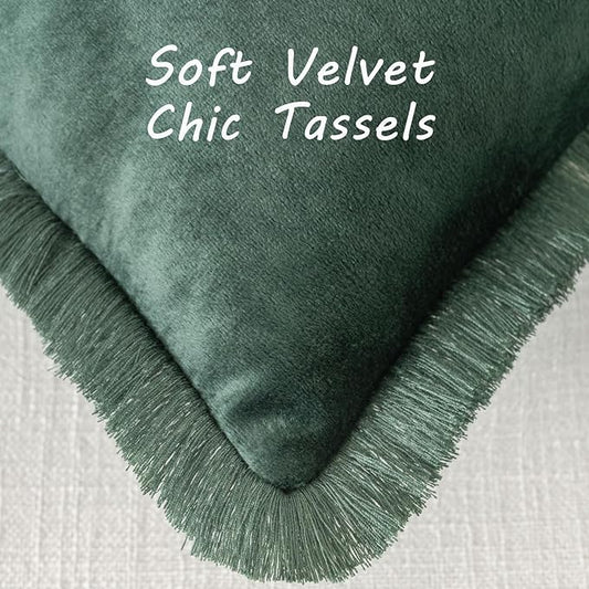 FUTEI Christmas Army Green Velvet Decorative Throw Pillow Covers 26x26 Set of 2,Soft Cozy Edge with Tassels Euro Pillow Shams,Boho Modern Home Decor for Couch Bed Living Room