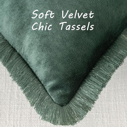 FUTEI Christmas Army Green Velvet Decorative Throw Pillow Covers 22x22 Set of 2,Soft Cozy Edge with Tassels Cushion Case,Boho Modern Home Decor for Couch Bed Living Room