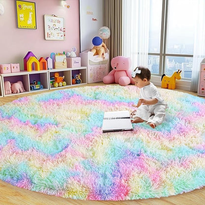Round Fluffy Rugs 5Ft for Girls Bedroom, Rainbow Shag Circle Kids Rug Non-Slip for Bedside Dorm Nursery Playroom, Soft Cute Area Rugs for Living Room Decor