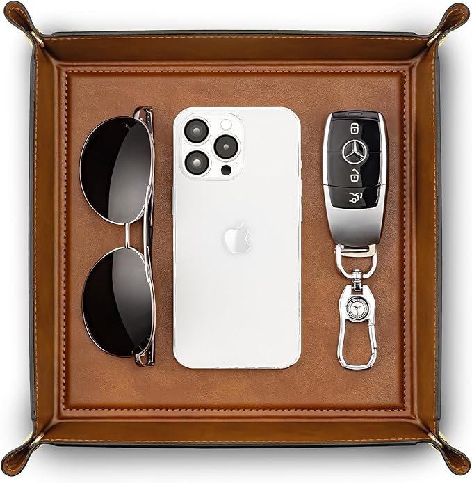 Valet Tray for Men Women, Nightstand Organizer Vanity Catchall Holder for Dresser Desk Storage Bedside, Travel PU Leather Jewelry Key Bowl Coin Watches and Candy Entryway Tray - Large, Light Brown