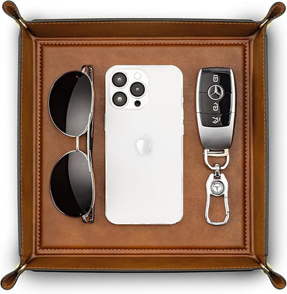 Valet Tray for Men Women, Nightstand Organizer Vanity Catchall Holder for Dresser Desk Storage Bedside, Travel PU Leather Jewelry Key Bowl Coin Watches and Candy Entryway Tray - Large, Light Brown