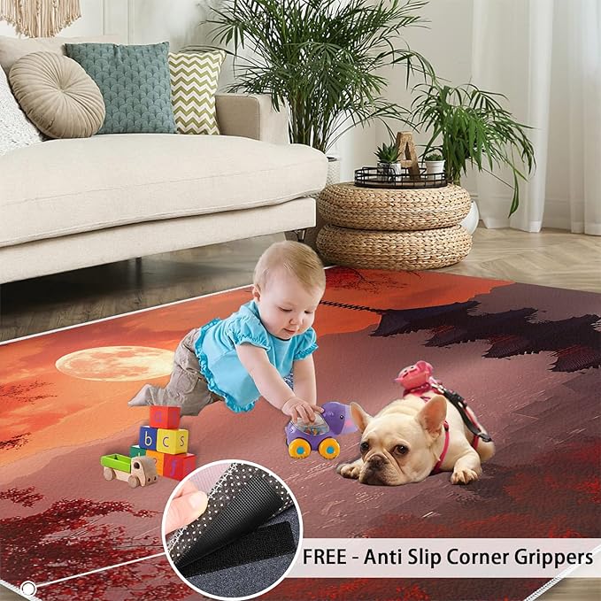 Japanese Style Area Rug 6x8 Washable Rug Red Maple Leaves Rugs for Living Room Sunset Scene Non Slip Carpet Floral Print Mat Bedroom Bathroom