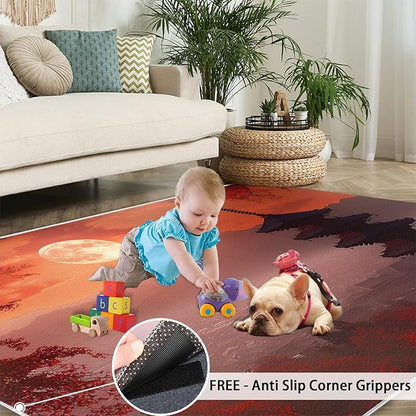 Japanese Style Area Rug 3x5 Washable Rug Red Maple Leaves Rugs for Living Room Sunset Scene Non Slip Carpet Floral Print Mat Bedroom Bathroom