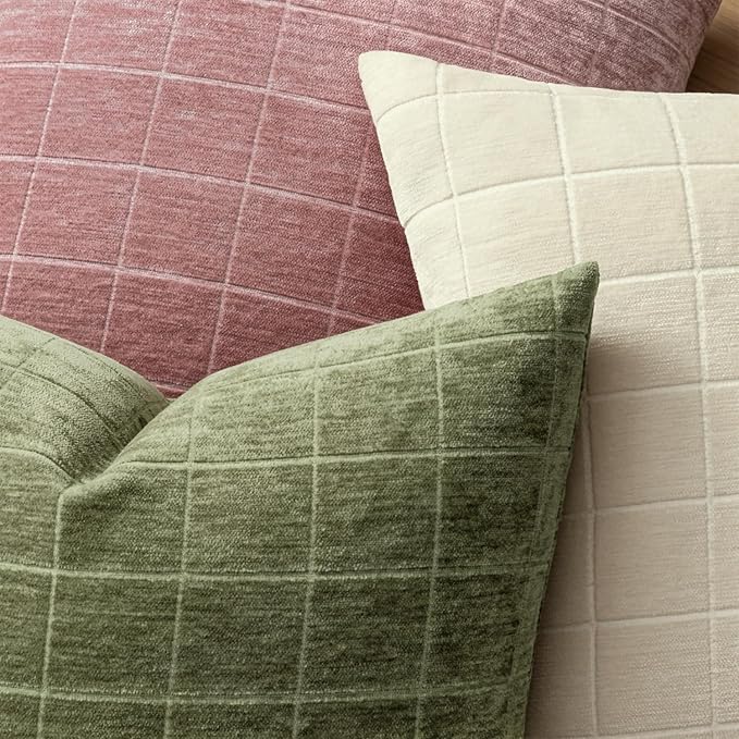 MIULEE Decorative Chenille Check Throw Pillow Covers Vintage Plaid Couch Pillows 18x18 Inch Set of 2 Neutral Boho Farmhouse Cushion Covers Modern Spring Decor for Sofa Bed Living Room Grass Green