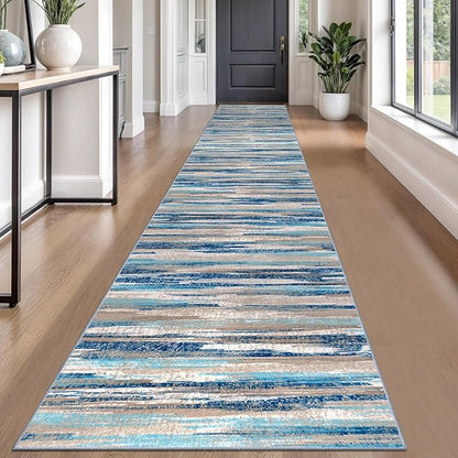 Modern Abstract Runner Rug 2.6x18, Blue Washable Long Kitchen Runner Non-Slip Soft Hallway Rug Runner Thin Print Faux Wool Carpet for Entryway Bedroom Laundry Room Indoor Home Decor