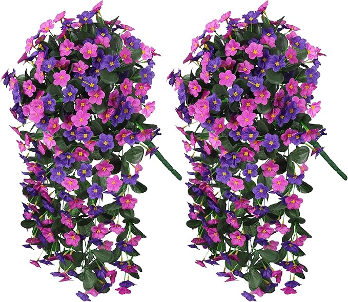 Artificial Fake Hanging Flowers Plants for Outdoor Winter Summer Decoration, 2PCS Faux Silk Daisy Flower Look Real UV Resistant Orchid Vine for Home Outside Garden Wall Indoor(Dark Purple and Fuchsia)
