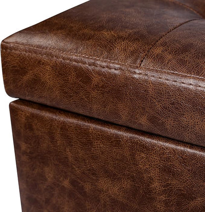 Adeco 18" Storage Ottoman Foot Rest Stool, Walnut Leather Ottoman with Black Solid Wood Legs and Hinged Lid, Small Foot Stool for Living Room, Bedroom