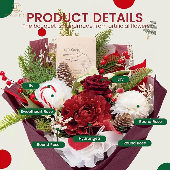 TINGE TIME Preserved Flowers Bouquet, New Year Faux Rose Bouquets, Artificial Flowers Poinsettia Faux Flowers, for Christmas Centerpiece Table Home Holiday Party