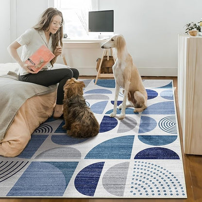 MUJOO Washable Rug 8x10 Blue,Large Area Rugs for Living Room Bedroom Dining Room,Boho Throw Floor Carpet Non Slip Soft Modern Abstract Navy Blue