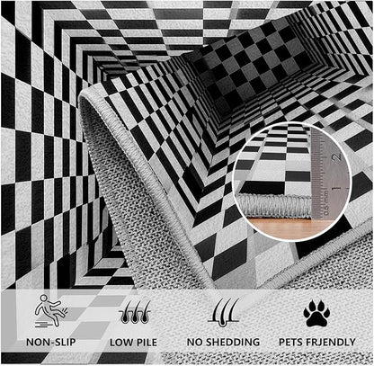 Optical Illusion Rug - Black and White Rug for Living Room, Soft Ultra Soft Faux Wool 3x5 Area Rugs Floor Mats, Non Slip&Non-Shedding Low Pile Checkered Washable Rugs, Abstract Geometric Carpet