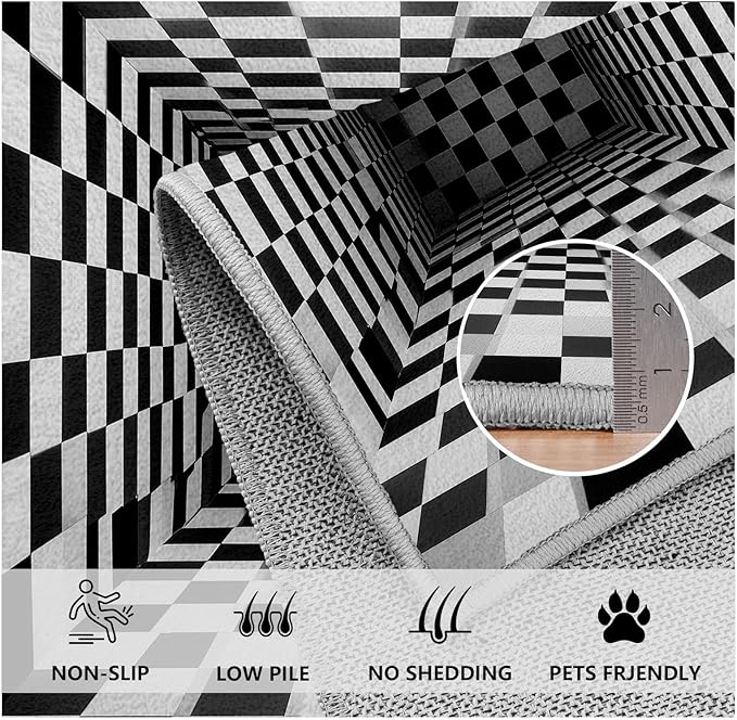 Optical Illusion Rug - Black and White Rug for Living Room, Soft Ultra Soft Faux Wool 7x9 Area Rugs Floor Mats, Non Slip&Non-Shedding Low Pile Checkered Washable Rugs, Abstract Geometric Carpet