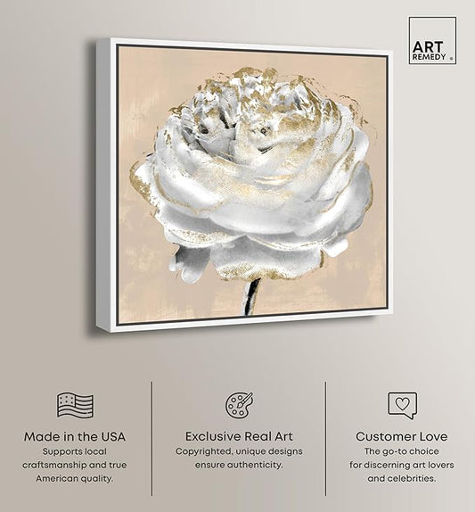 Art Remedy Beige Ranunculus Canvas Elegant White Gold Wall Art, White Frame, 20" x 20"