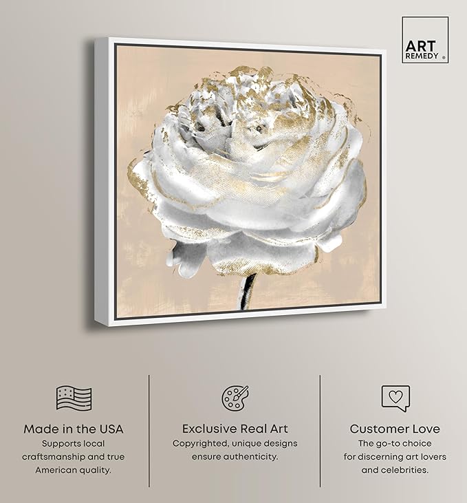 Art Remedy Beige Ranunculus Canvas Elegant White Gold Wall Art, White Frame, 40" x 40"