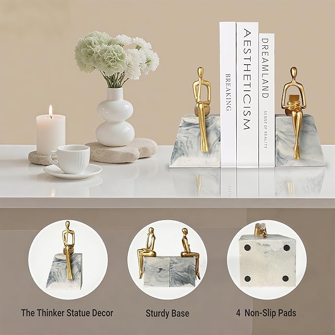 Book Ends for Shelves to Hold Books,Heavy Duty Thinker Abstract Statue Decorative Bookends for Home Office Bookshelf, Gift for Book Lovers,1 Pair