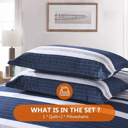 Quilts King Size - King Quilt Bedspread Sets, 100% Cotton Quilt Bedding Set for King Bed, 3 Pieces Striped Reversible Lightweight Quilted Quilt Set Bed Spread, Navy Blue
