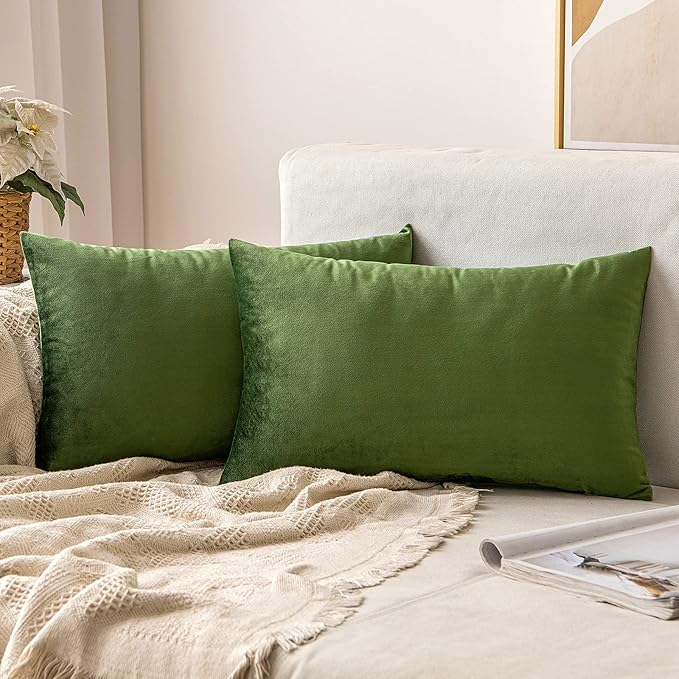MIULEE Velvet Throw Pillow Covers 12x20 Inch, Pack of 2 - Moss Green, Soft Solid Lumbar Decorative Pillow Covers Modern Luxury Home Decor for Spring Couch Sofa Bedroom Livingroom